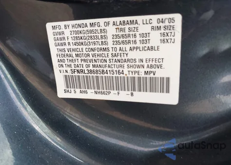 2005 Honda Odyssey Ex-L from USA, damaged, VIN 5FNRL38685B415164